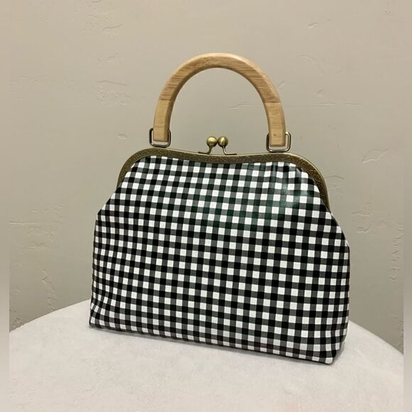 Handmade Genuine Leather Black & White Check Printed Wood Handle Satchel Bag - Picture 10 of 15